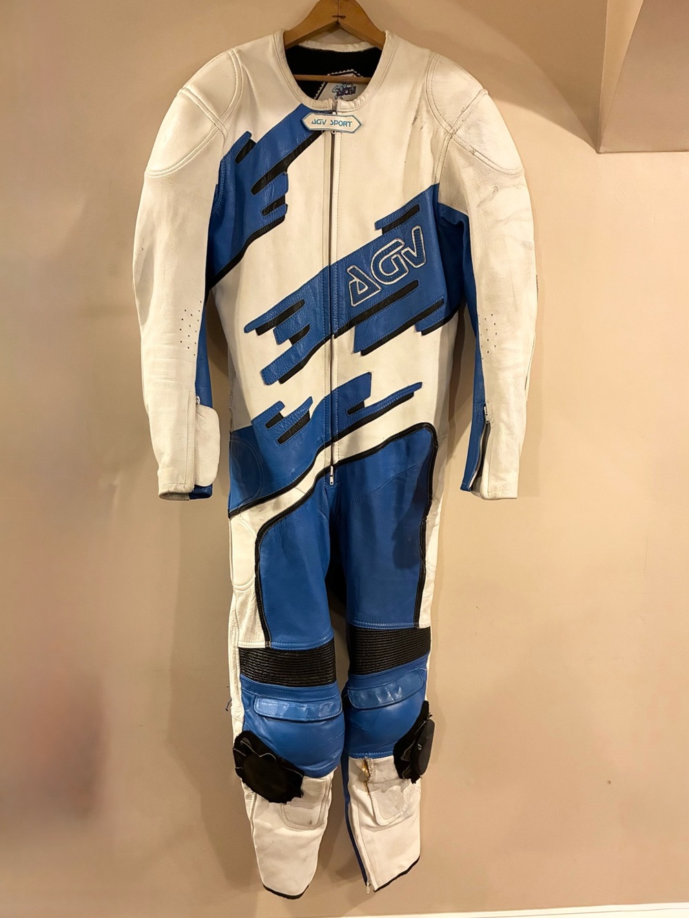 Vintage AGV Sport Leather Moto Racing One Piece Suit Blue White Men’s Large 44